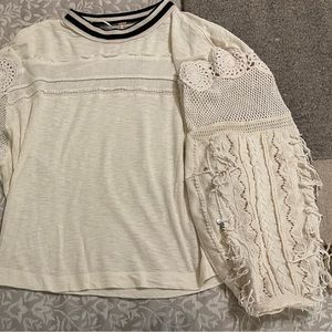 Free People Boho Long Sleeve  Crew Sweater w/ Fringe, Shells & Crochet Details